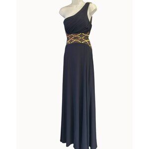 Aqua Dress Navy Gold One Shoulder Evening Gown Sz 4 Open Back Luxe Beaded Formal